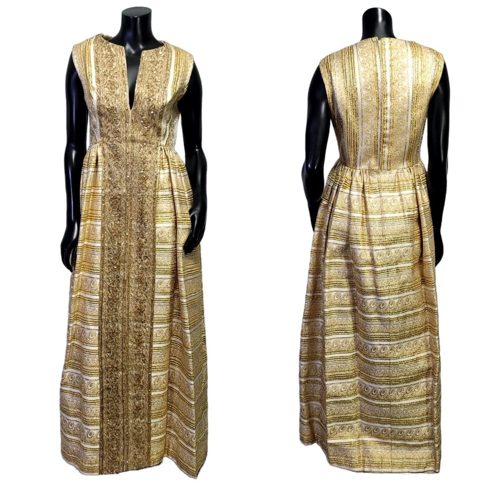 Vintage Modern Couture Gold Metallic Brocade Beaded Maxi Dress 60s ILGWU Gown